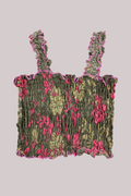 Rosa Vintage Sari Ruched Top - Khaki & Pink Roses - Free Size by All About Audrey