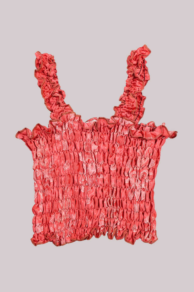 Rosa Vintage Sari Ruched Top - Coral & Cream - Free Size by All About Audrey