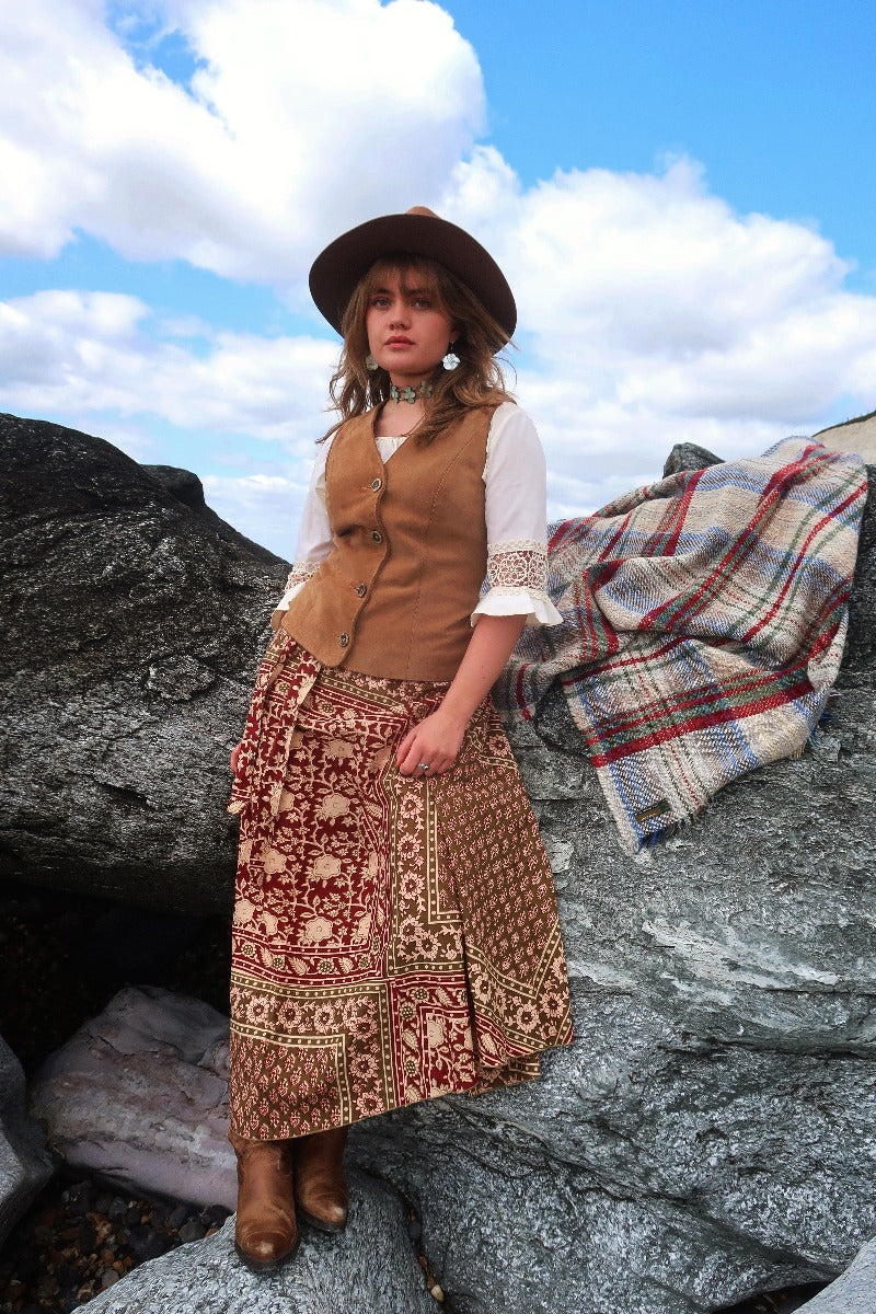 Emmylou Patchwork Wrap Skirt in Rose Hip Red & Green By All About Audrey