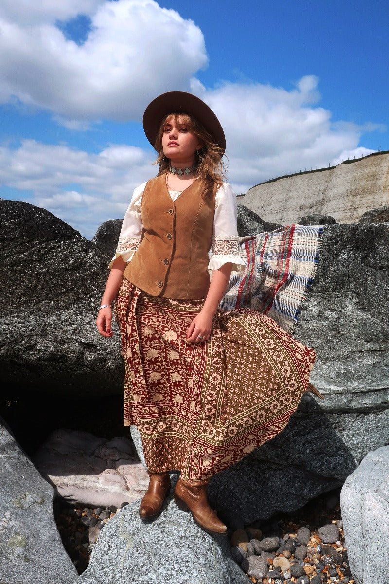 Emmylou Patchwork Wrap Skirt in Rose Hip Red & Green By All About Audrey