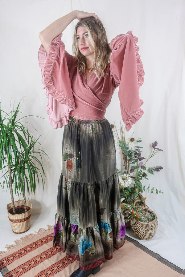 Rosie Maxi Skirt - Vintage Sari - Brown & Marbled Opal - Size S/M by All About Audrey