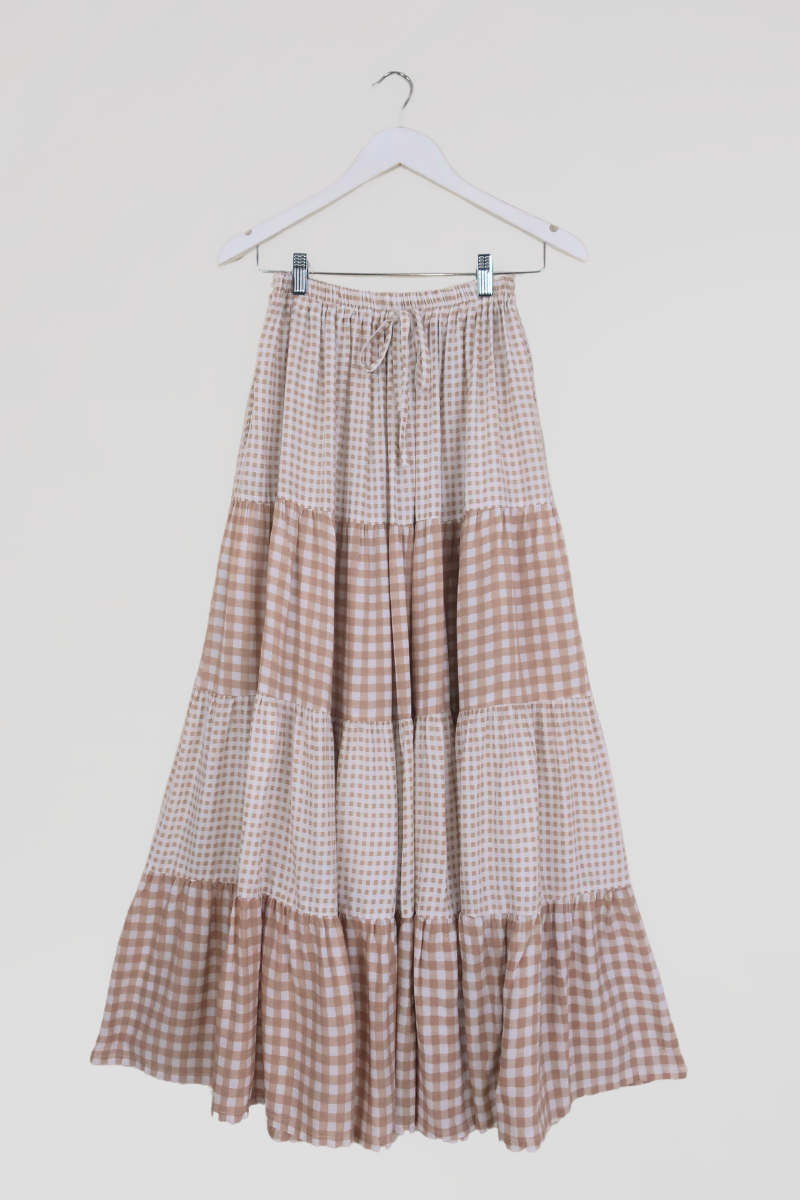 Rosie Maxi Skirt in Biscuit Brown Gingham All About Audrey – All