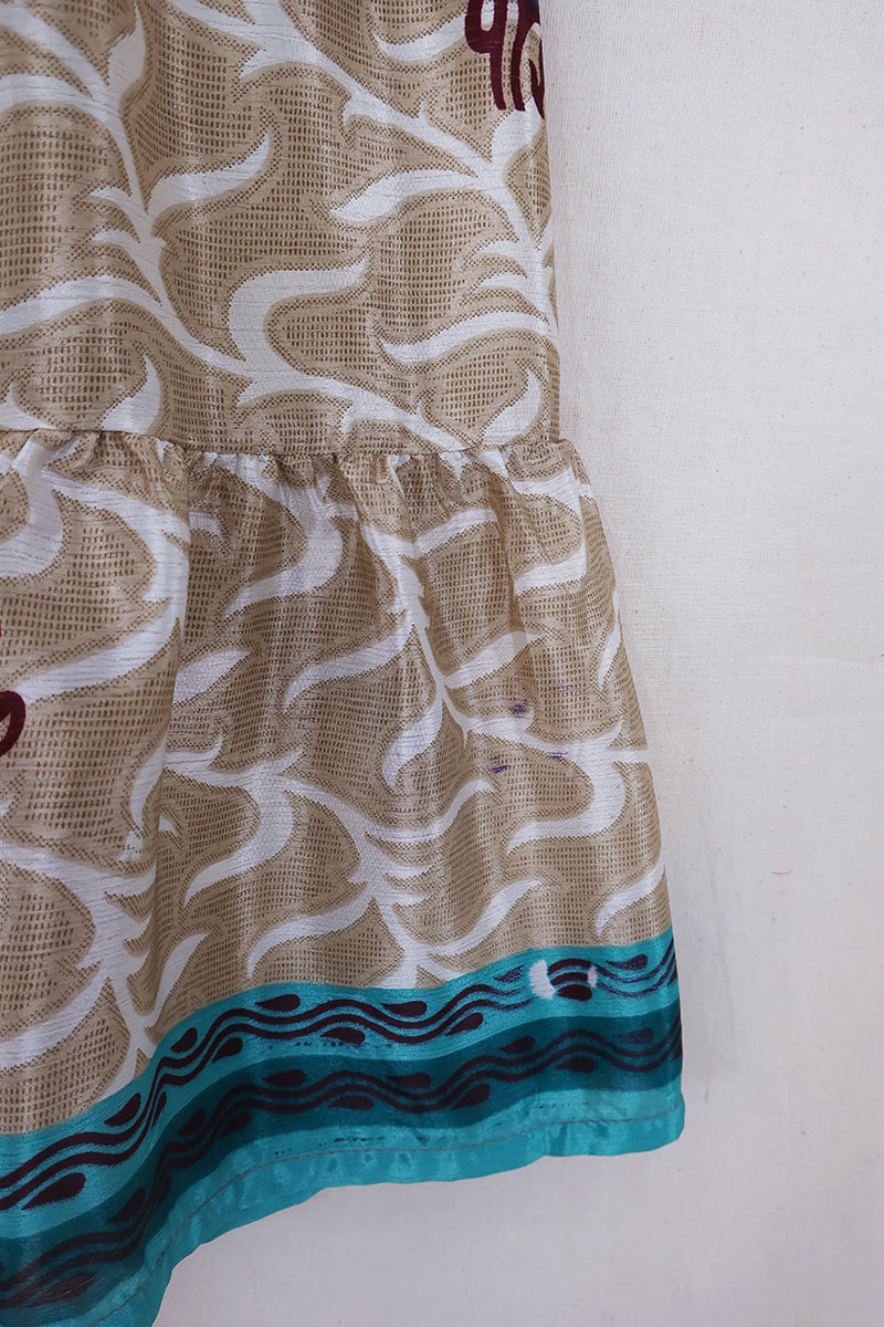 Rosie Midi Skirt - White Gold Vines - Vintage Indian Sari - Free Size