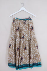 Rosie Midi Skirt - White Gold Vines - Vintage Indian Sari - Free Size