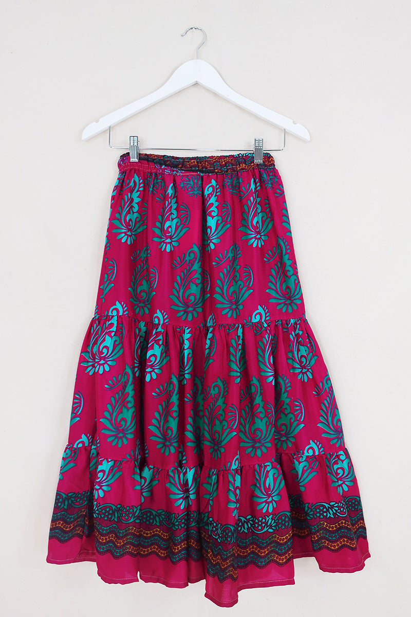 Rosie Midi Skirt - Fuchsia Petal Paisley  - Vintage Indian Sari - Free Size by All About Audrey