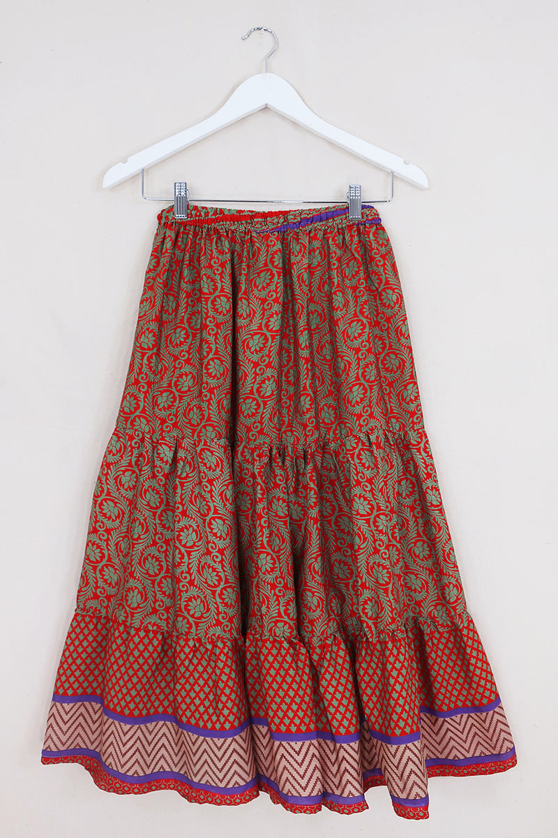 Rosie Midi Skirt - Vivid Red & Green Flower on the Vine - Vintage Indian Sari - Free Size by All About Audrey