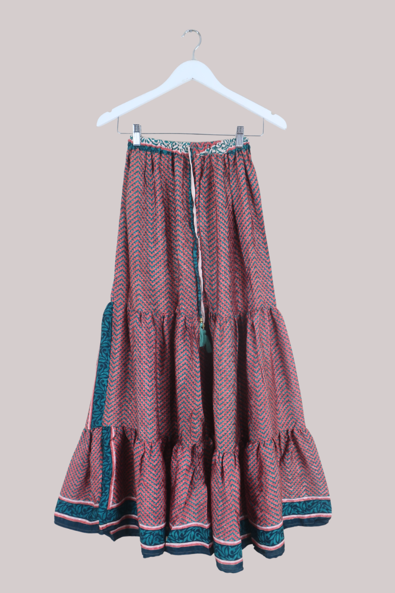 Rosie Recycled Sari Maxi Skirt in Liberty Copper & Teal - Size S