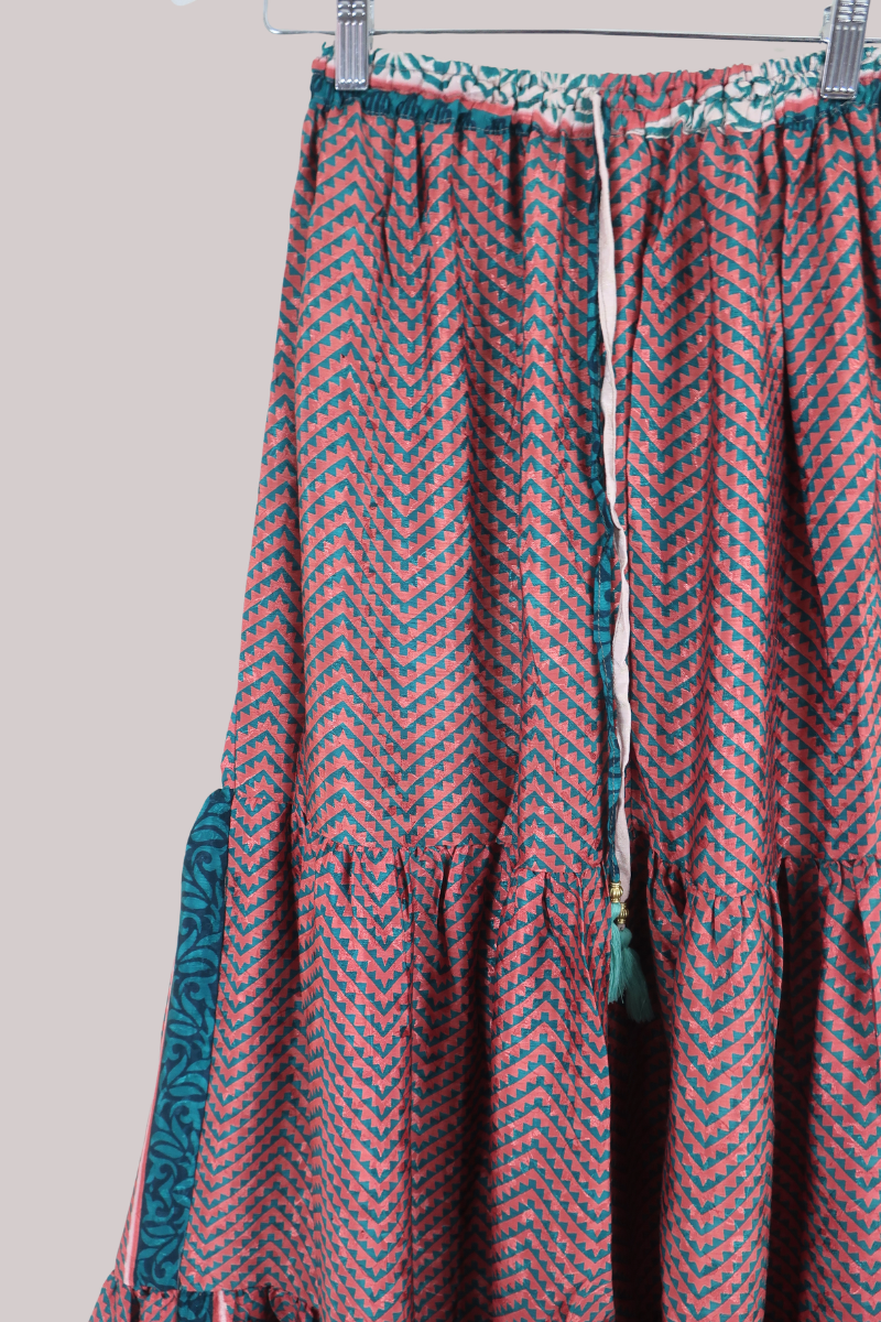 Rosie Recycled Sari Maxi Skirt in Liberty Copper & Teal - Size S
