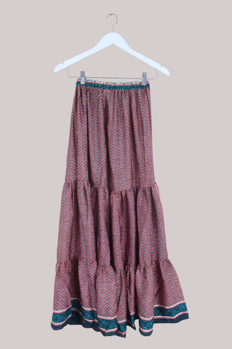 Rosie Recycled Sari Maxi Skirt in Liberty Copper & Teal - Size S