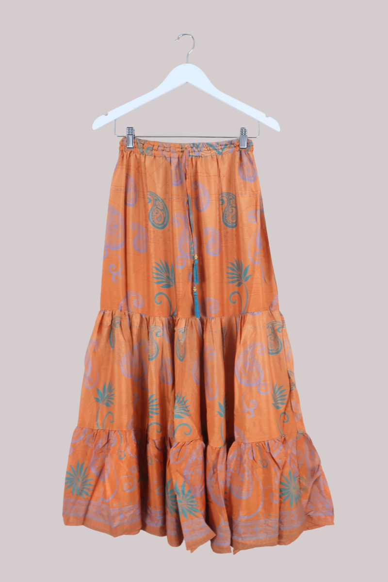 Rosie Recycled Sari Maxi Skirt in Nectarine Orange Paisley - Size M