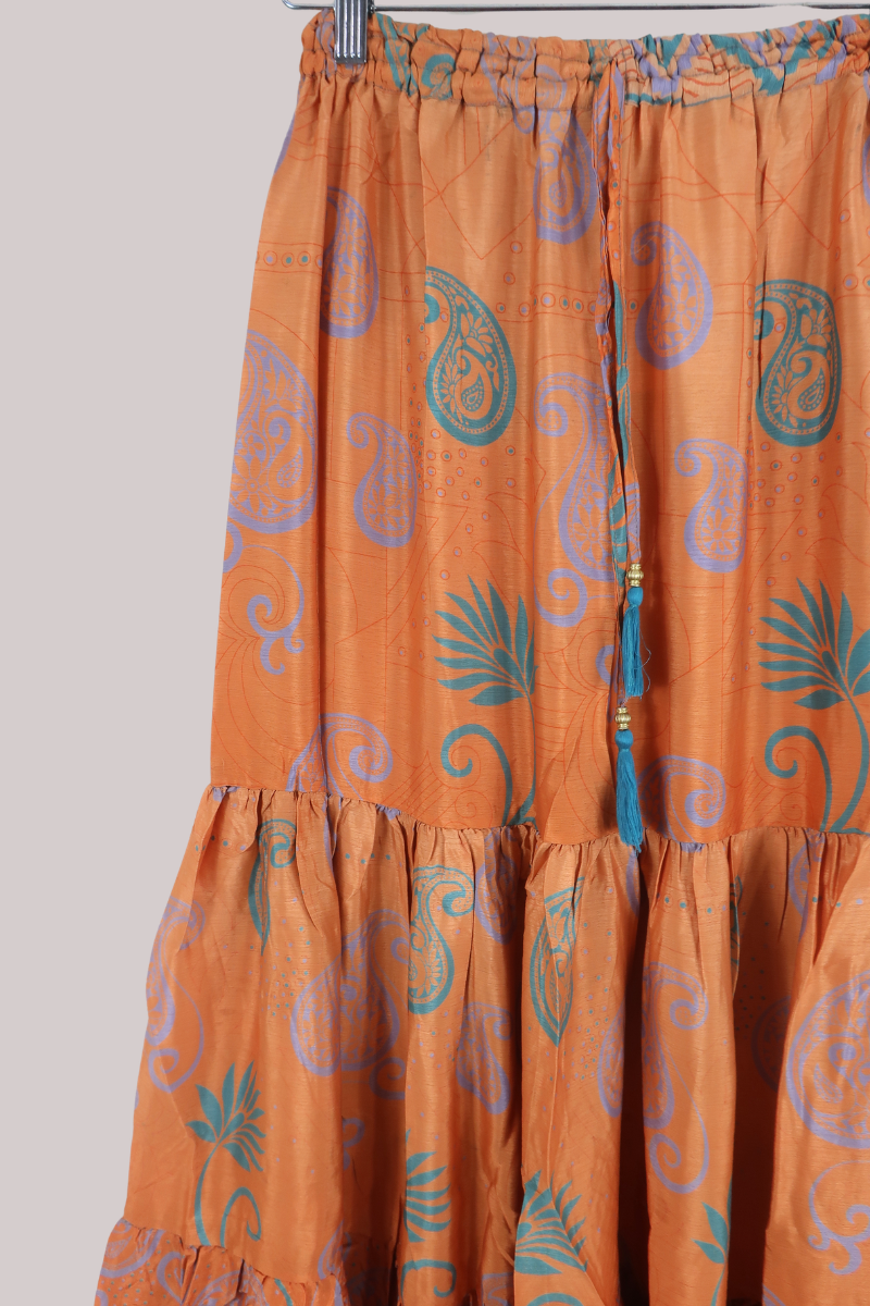 Rosie Recycled Sari Maxi Skirt in Nectarine Orange Paisley - Size M