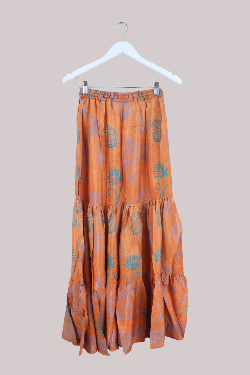 Rosie Recycled Sari Maxi Skirt in Nectarine Orange Paisley - Size M