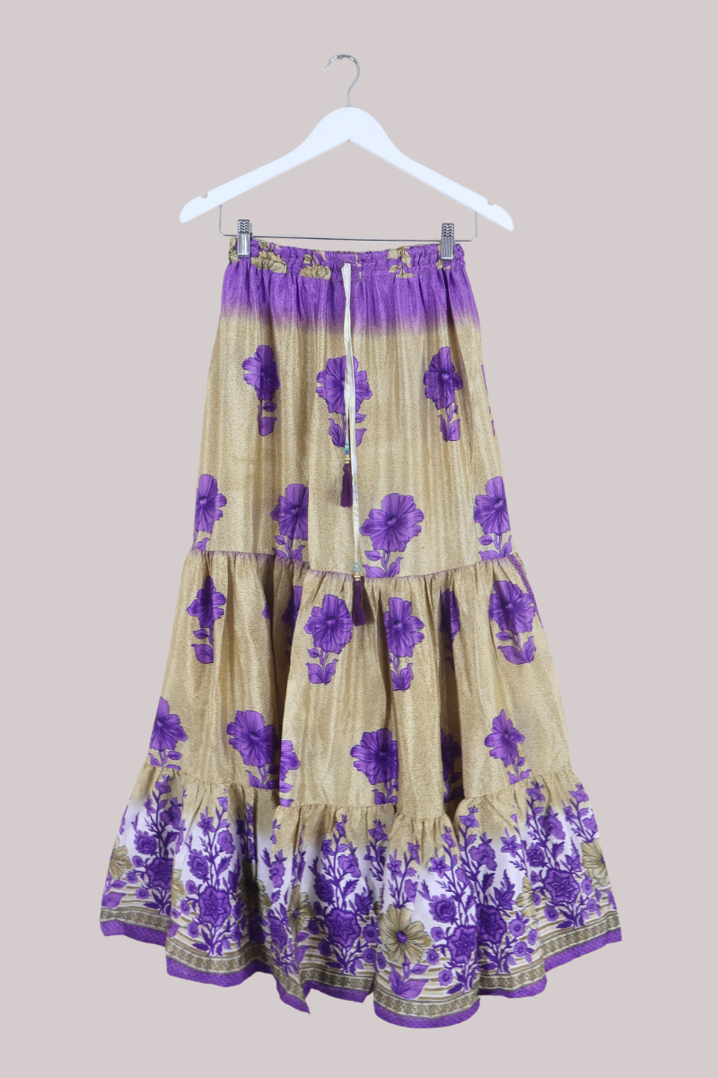 Rosie Recycled Sari Maxi Skirt in Orchid Purple & Gold - Size M