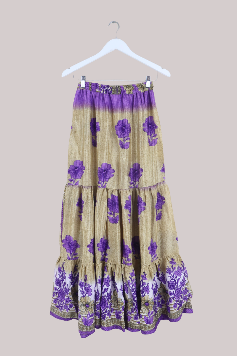 Rosie Recycled Sari Maxi Skirt in Orchid Purple & Gold - Size M