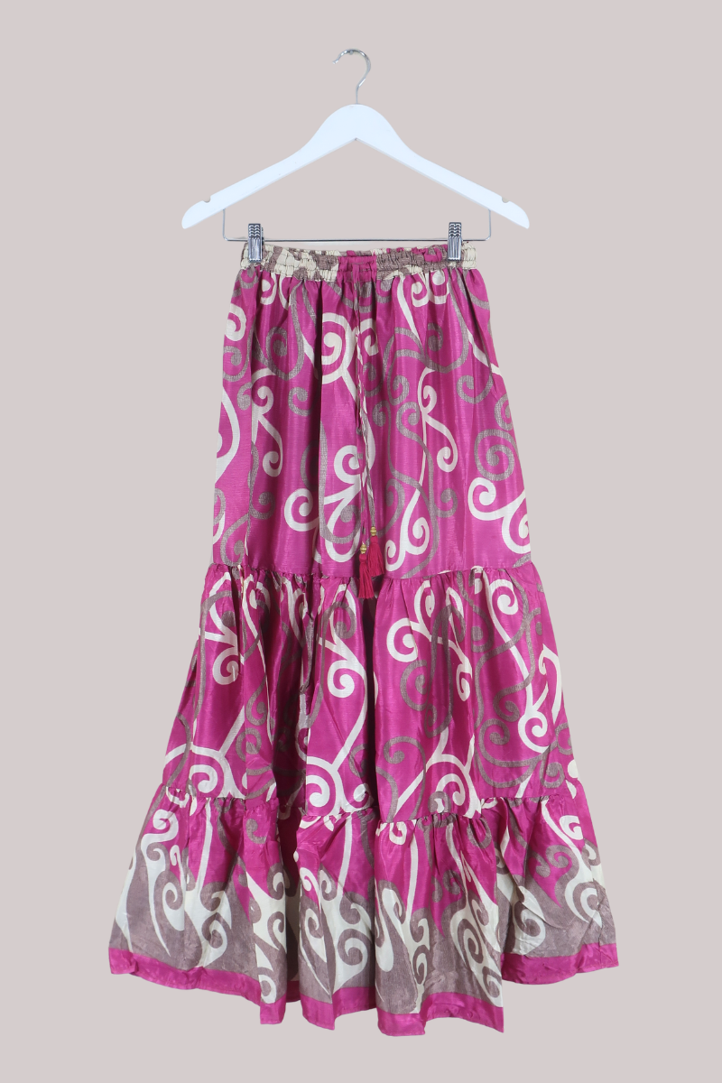 Rosie Recycled Sari Maxi Skirt in Raspberry Pink Swirls - Size M