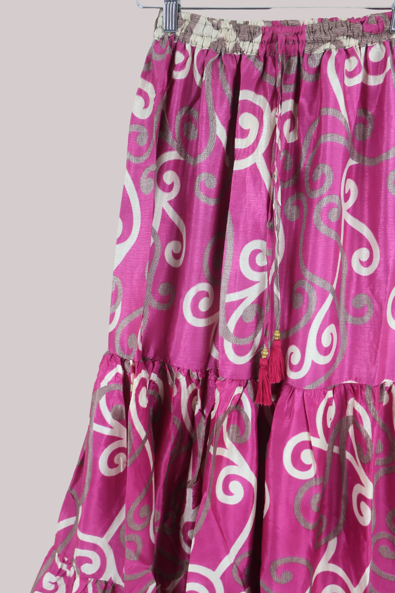 Rosie Recycled Sari Maxi Skirt in Raspberry Pink Swirls - Size M