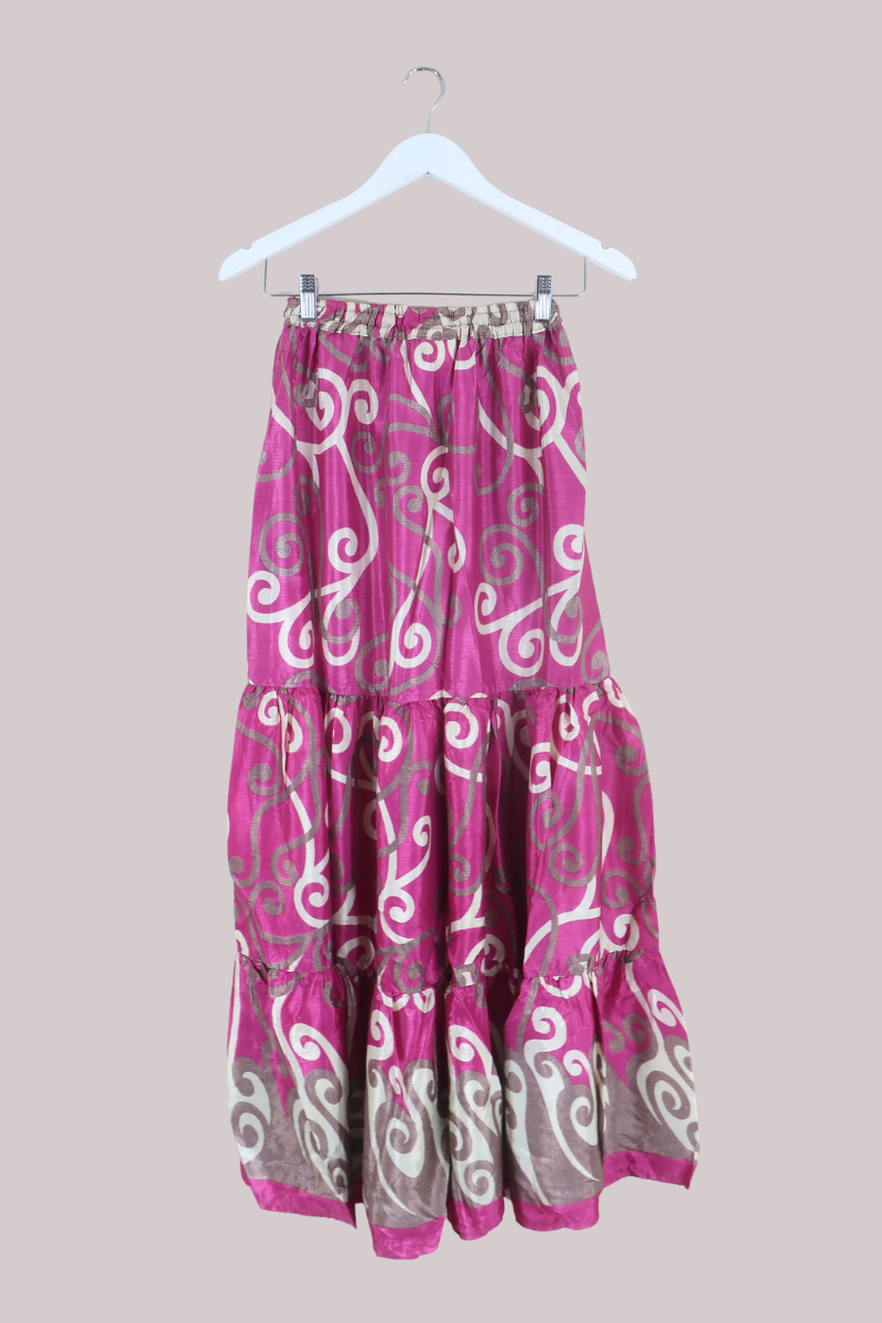 Rosie Recycled Sari Maxi Skirt in Raspberry Pink Swirls - Size M
