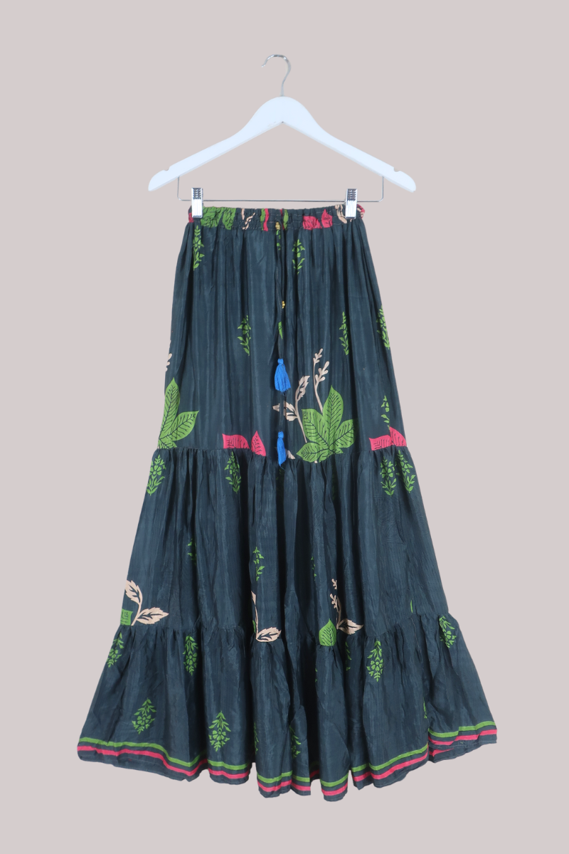 Rosie Recycled Sari Maxi Skirt in Slate Grey Florals - Size S
