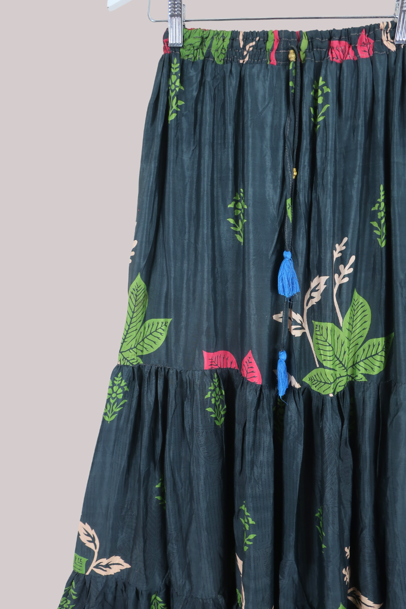 Rosie Recycled Sari Maxi Skirt in Slate Grey Florals - Size S