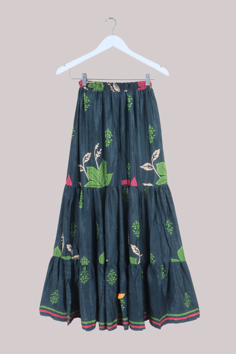 Rosie Recycled Sari Maxi Skirt in Slate Grey Florals - Size S
