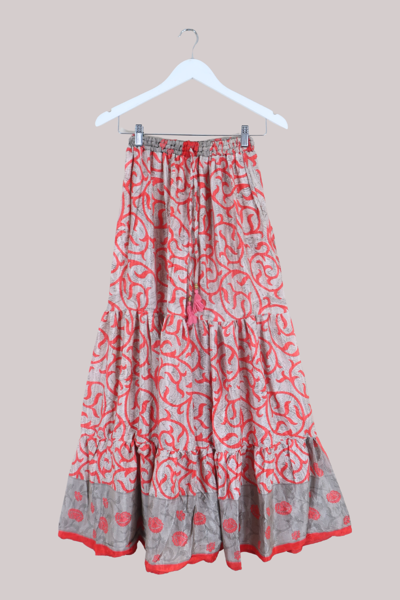 Rosie Recycled Sari Maxi Skirt in Strawberry Red Antique Swirls - Size M