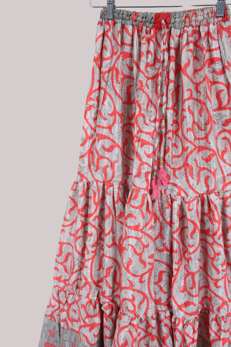 Rosie Recycled Sari Maxi Skirt in Strawberry Red Antique Swirls - Size M