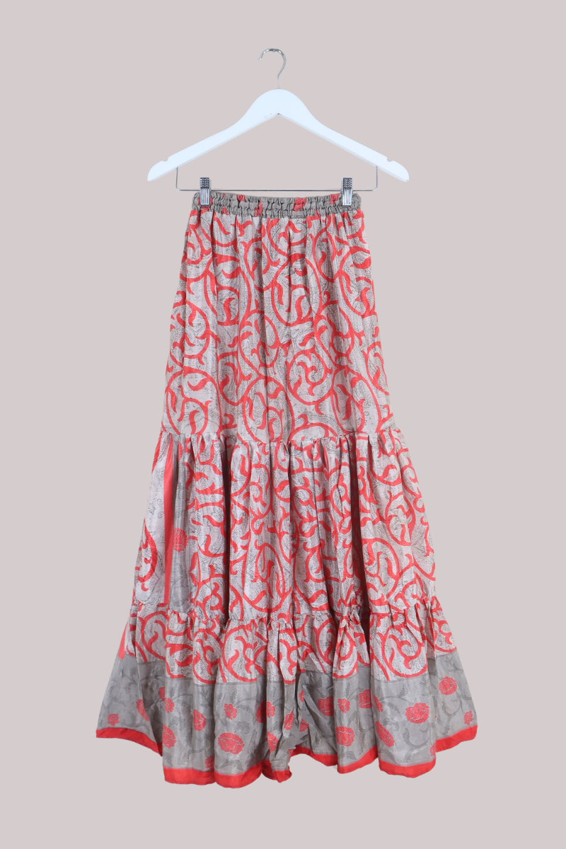 Rosie Recycled Sari Maxi Skirt in Strawberry Red Antique Swirls - Size M
