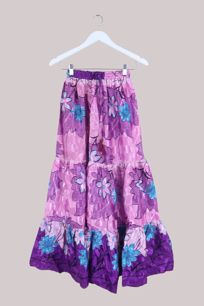 Rosie Recycled Sari Maxi Skirt in Violet Florals - Size S
