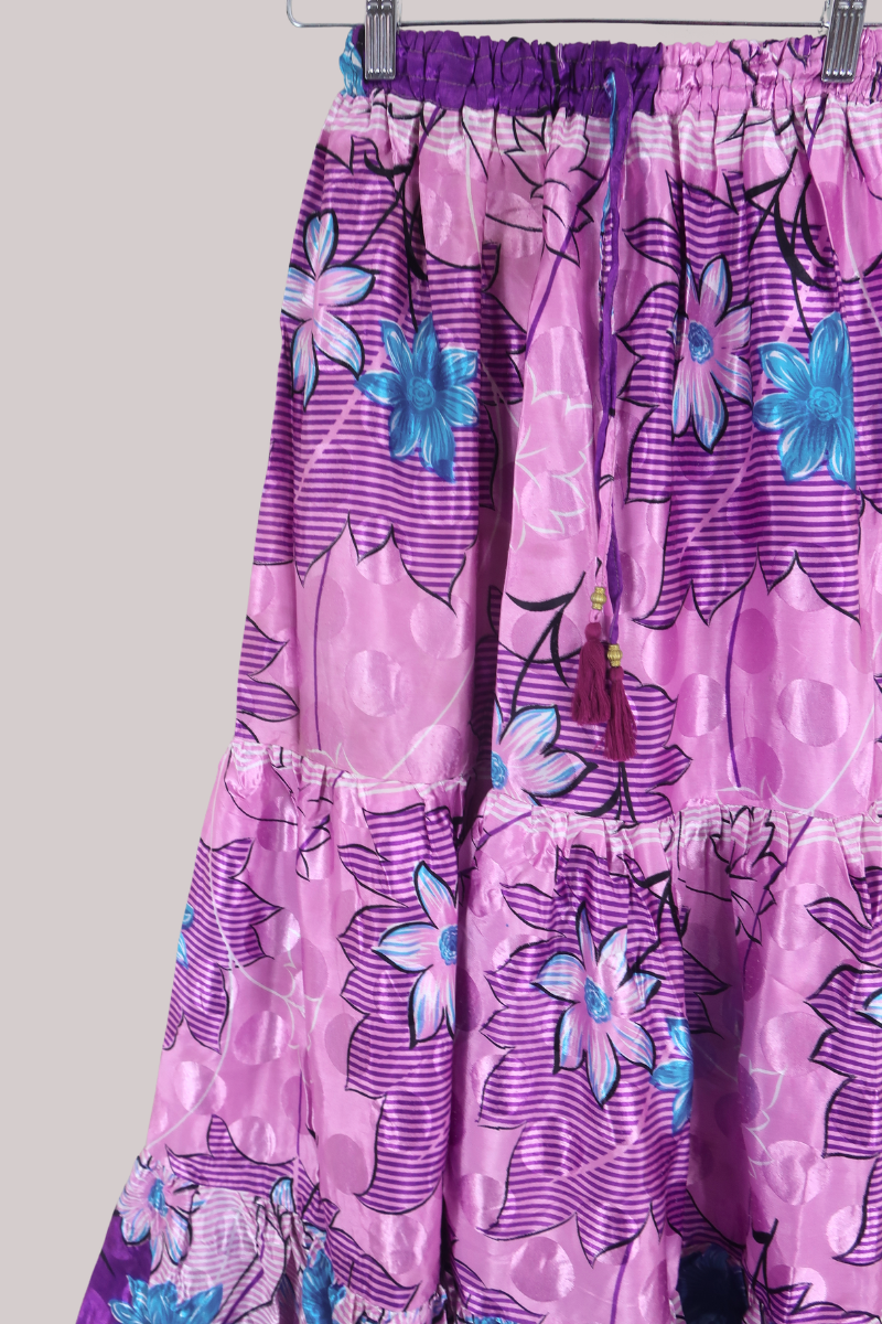 Rosie Recycled Sari Maxi Skirt in Violet Florals - Size S