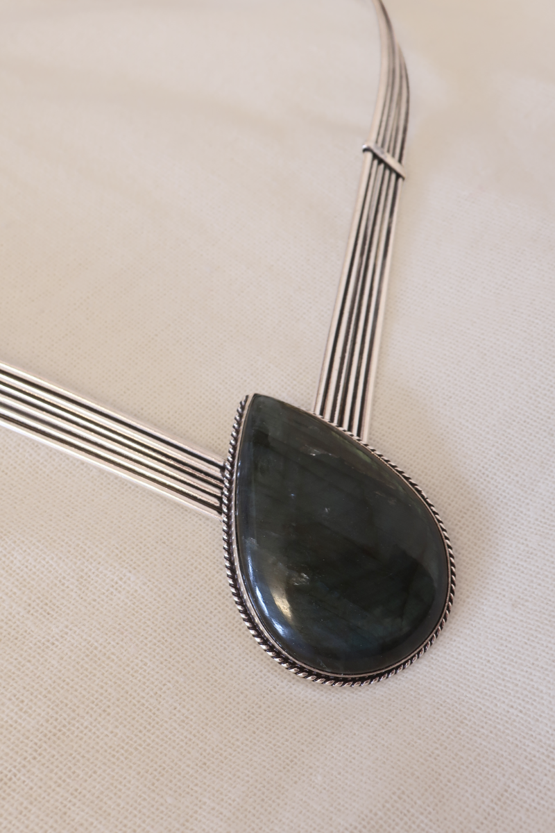 Sabrina  Labradorite Stone Torque Silver Plated Necklace