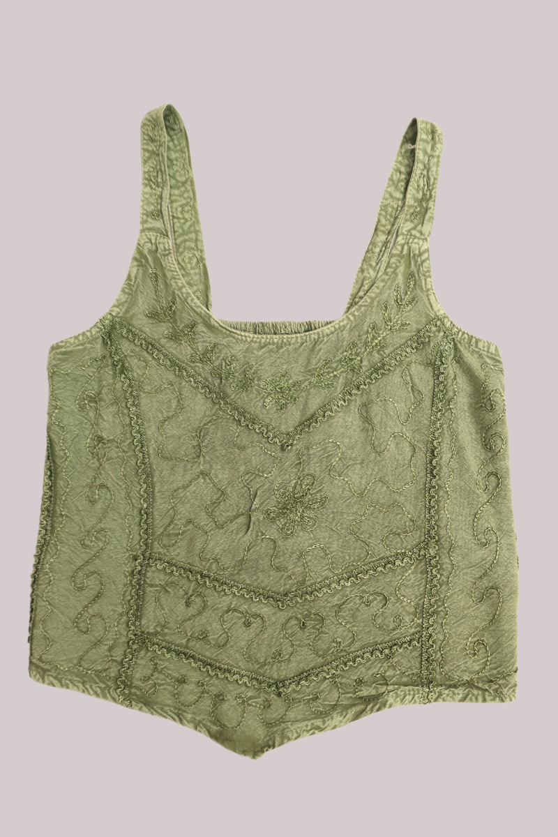 Embroidered Handkerchief Top in Dusty Sage - Free Size