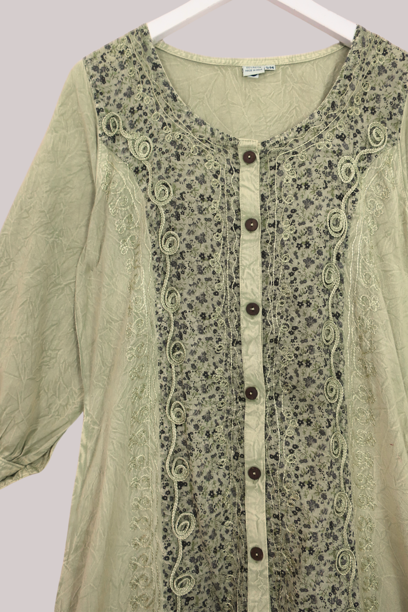 Indian Embroidered Half-Sleeve Maxi in Dusty Sage by All About Audrey