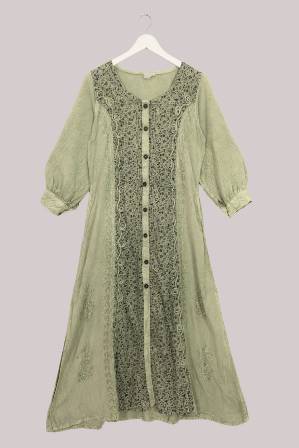 Indian Embroidered Half-Sleeve Maxi in Dusty Sage by All About Audrey