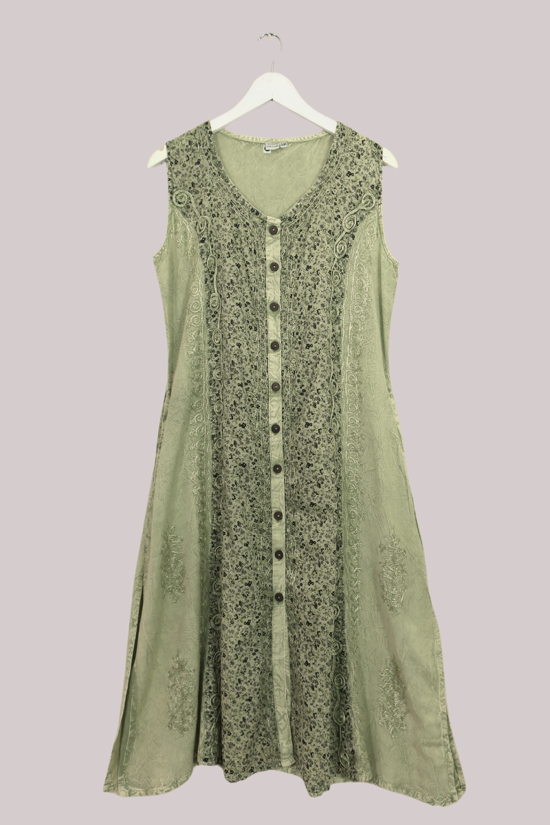 Embroidered Sleeveless Kaftan Midi | Sage | S - M/L