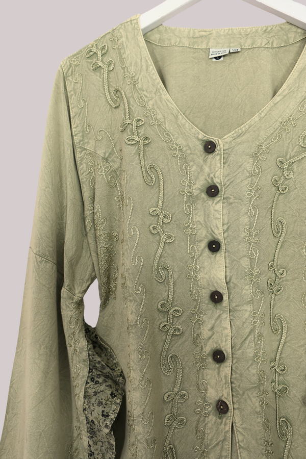 Embroidered Frill Sleeve Blouse in Dusty Sage - Free Size