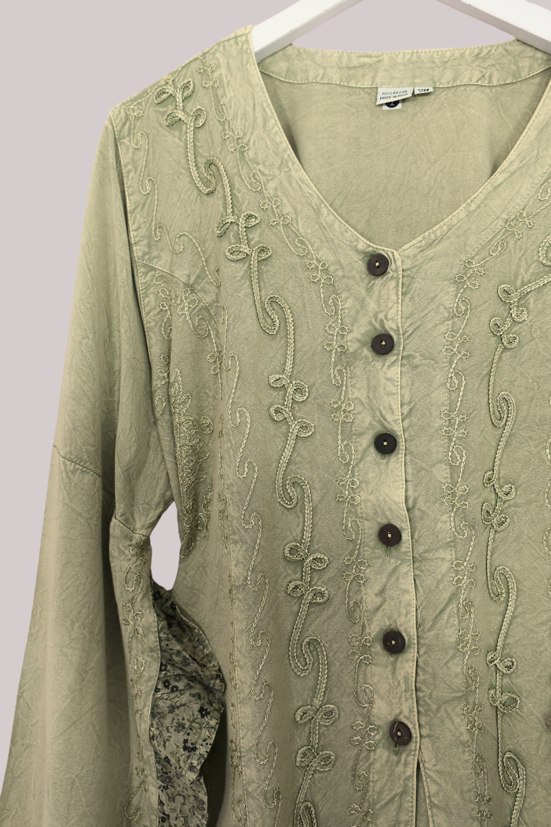 Embroidered Frill Sleeve Blouse in Dusty Sage - Free Size