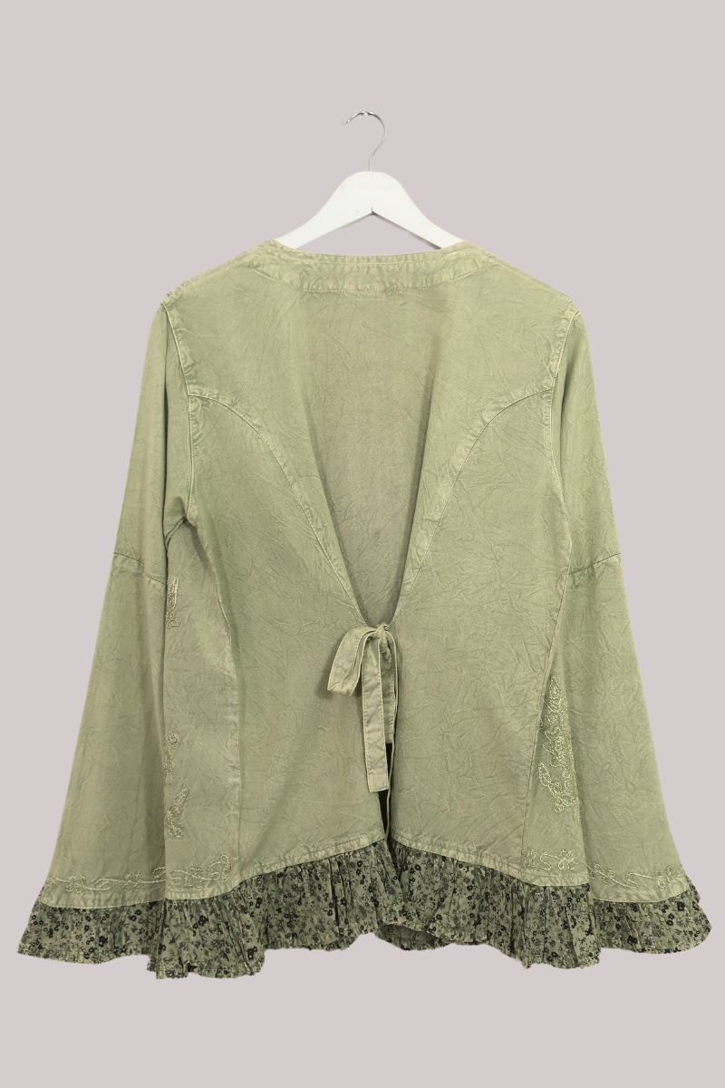 Embroidered Frill Sleeve Blouse in Dusty Sage - Free Size