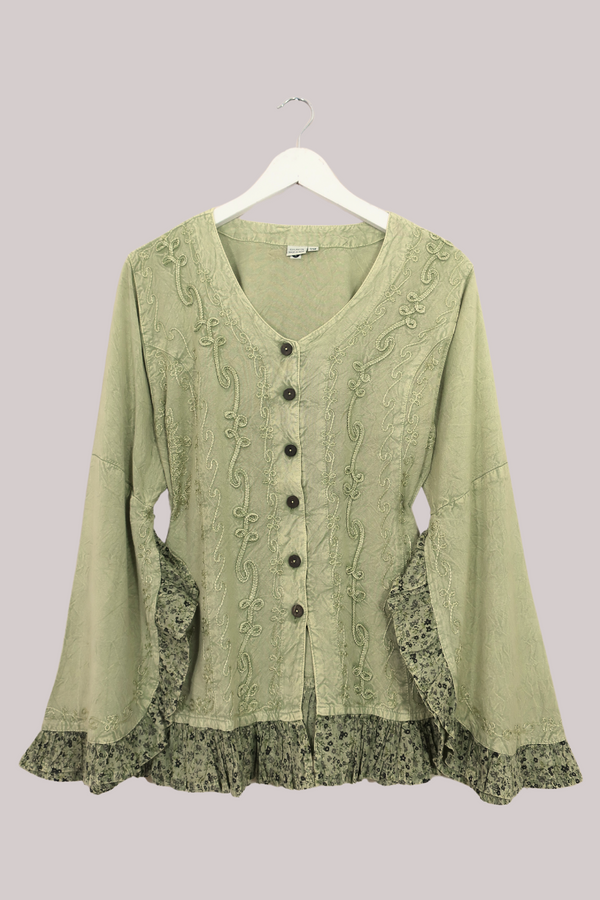 Embroidered Frill Sleeve Blouse in Dusty Sage - Free Size
