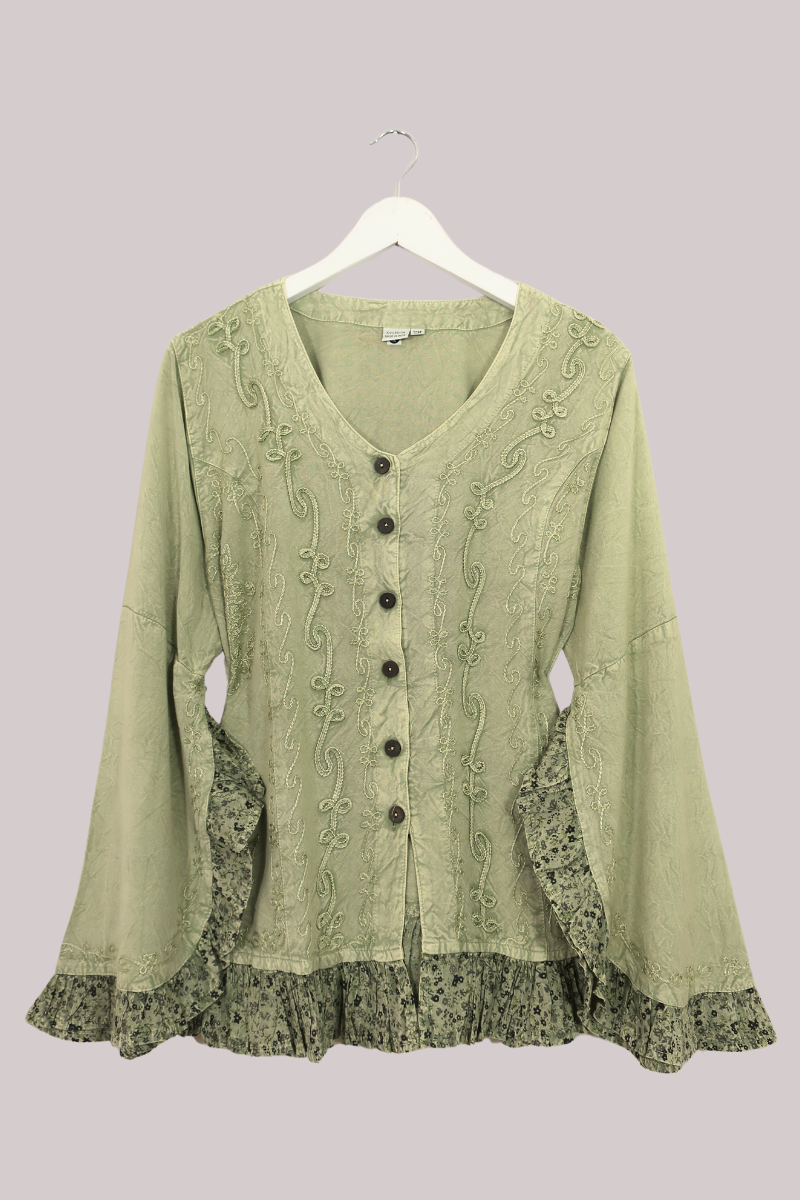 Embroidered Frill Sleeve Blouse in Dusty Sage - Free Size
