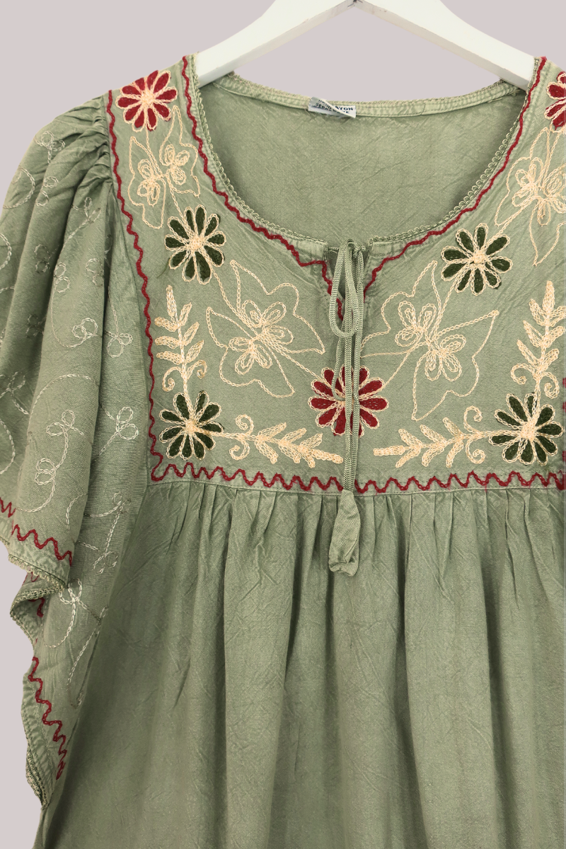 Embroidered Tunic Smock Top in Dusty Sage - Free Size