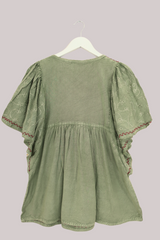 Embroidered Tunic Smock Top in Dusty Sage - Free Size
