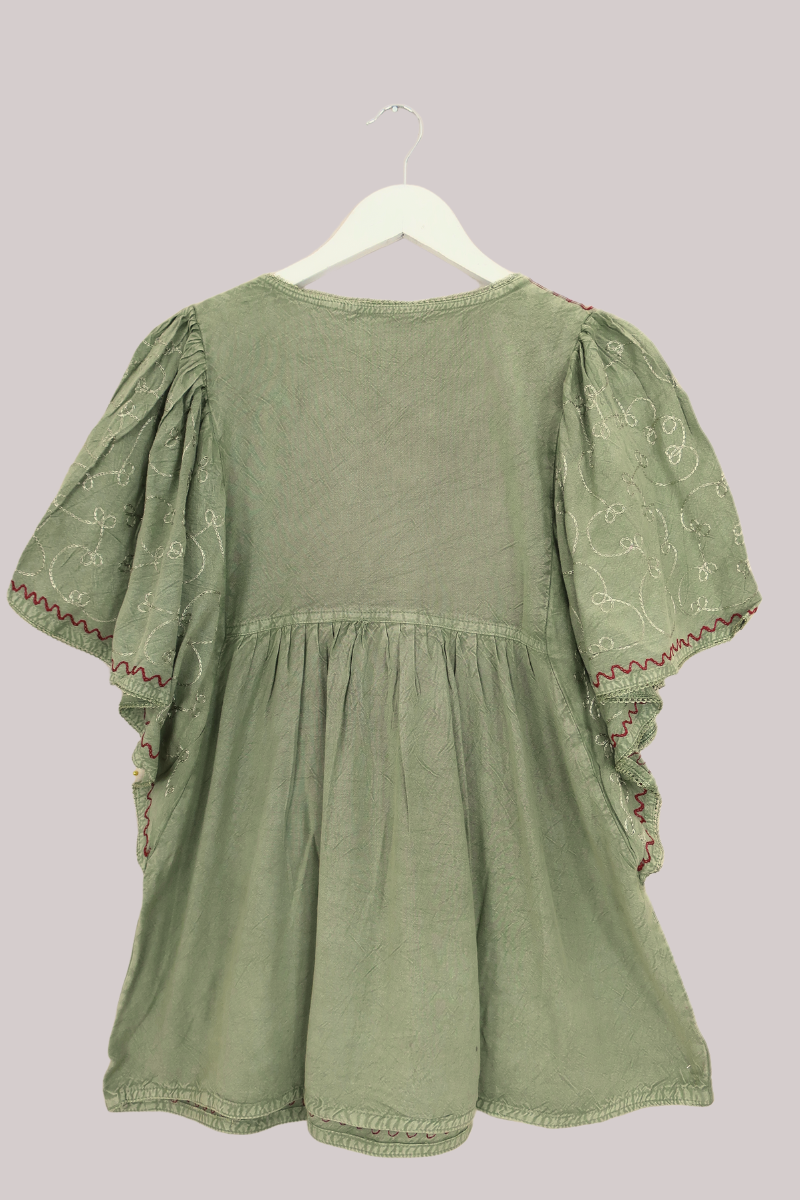 Embroidered Tunic Smock Top in Dusty Sage - Free Size