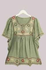 Embroidered Tunic Smock Top in Dusty Sage - Free Size