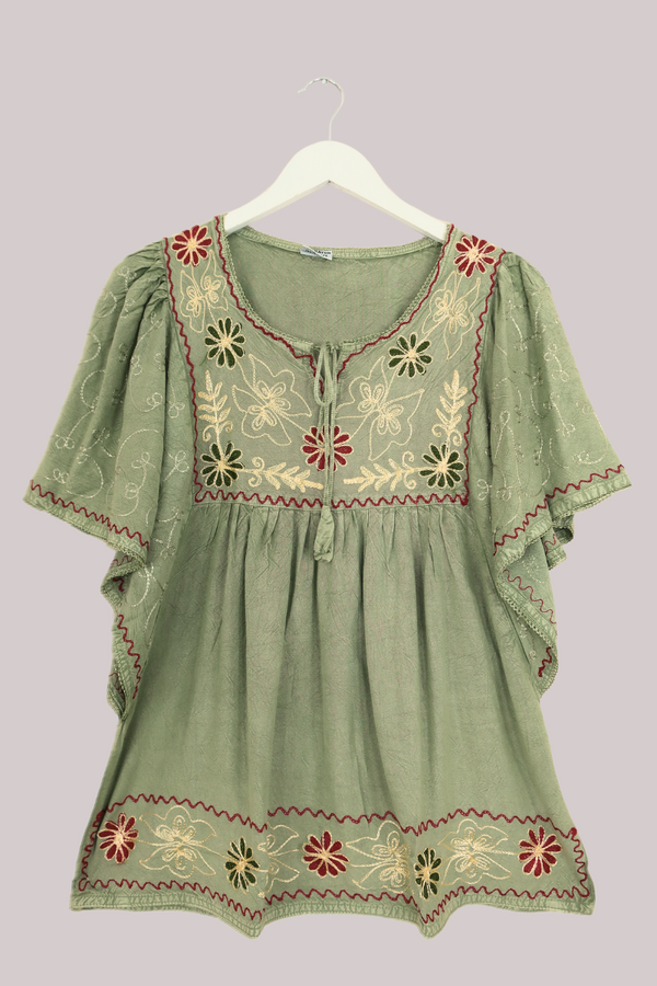 Embroidered Tunic Smock Top in Dusty Sage - Free Size