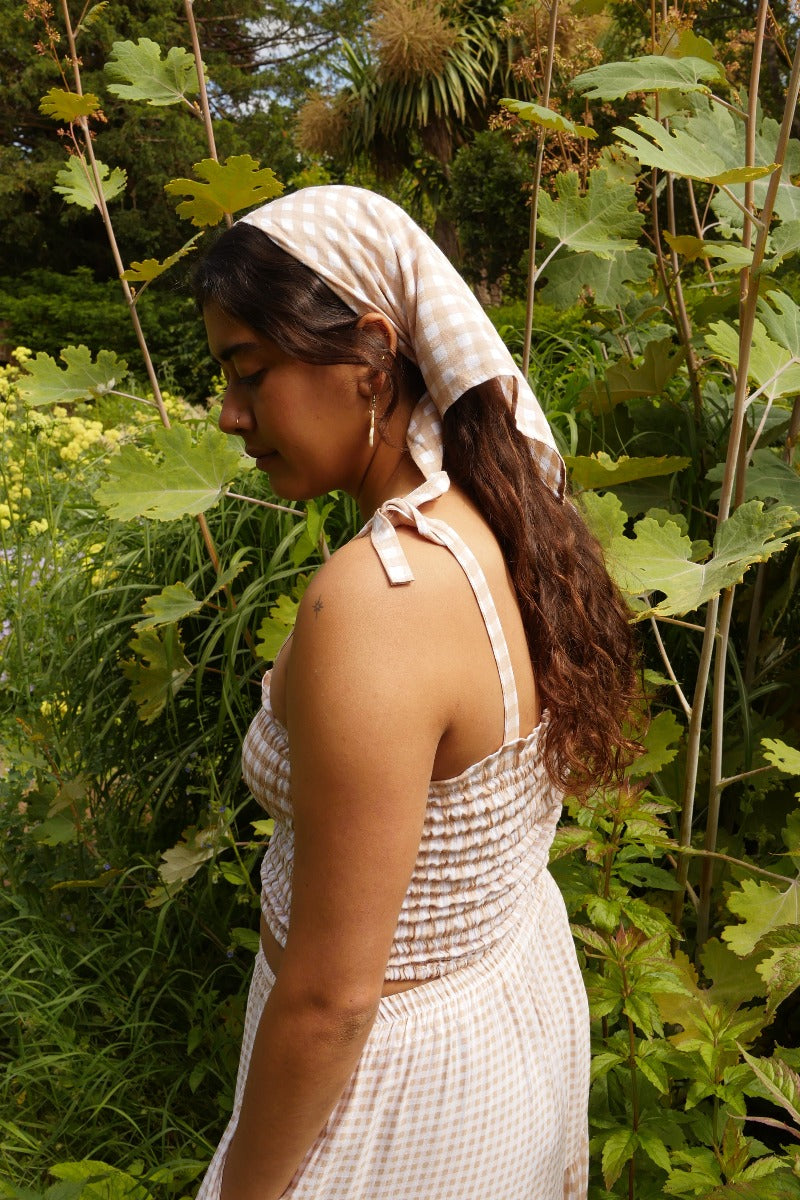 Sally Bandana in Biscuit Brown Gingham by All About Audrey