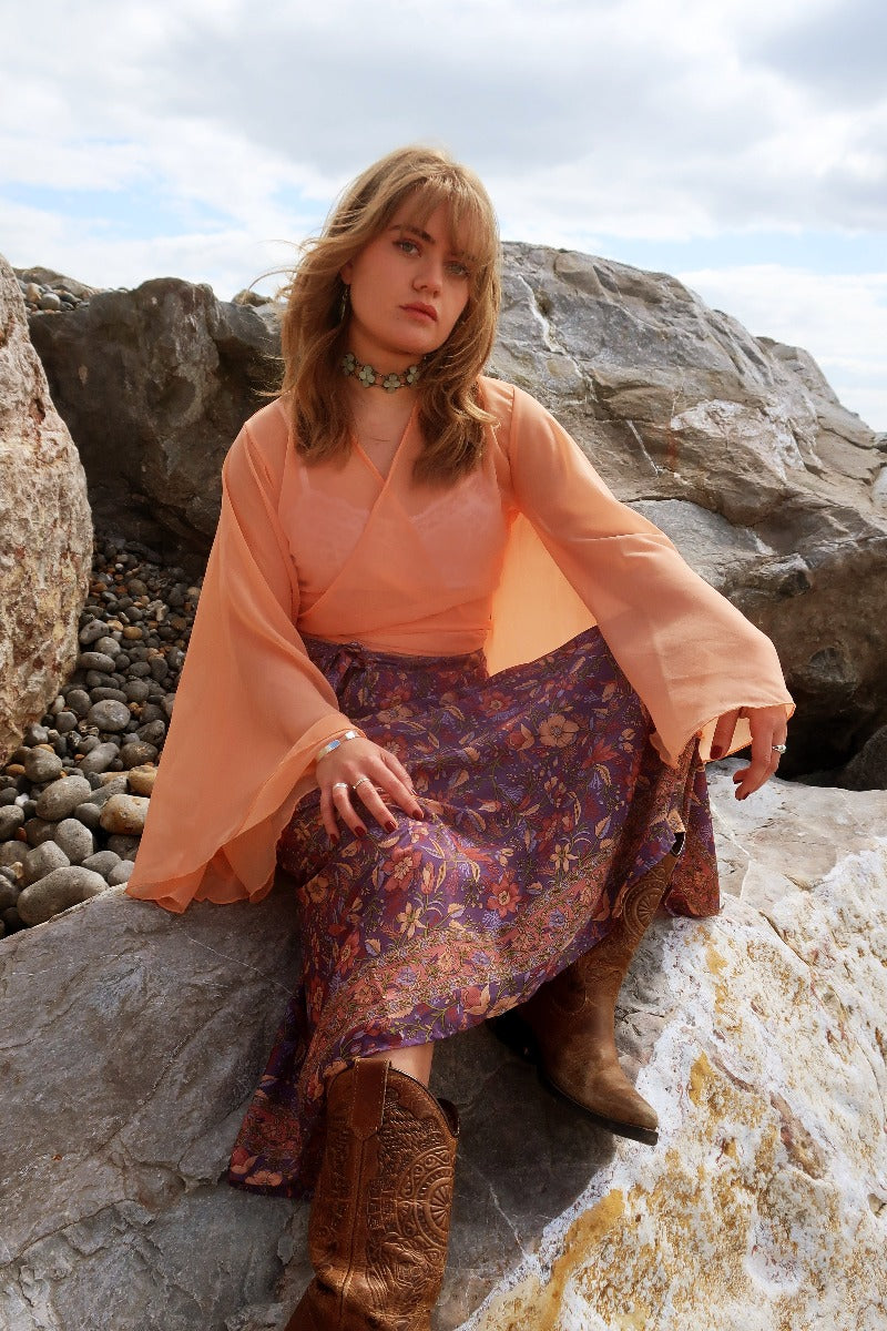 Virgo Sheer Bell Sleeve Wrap Top Salt Pink All About Audrey