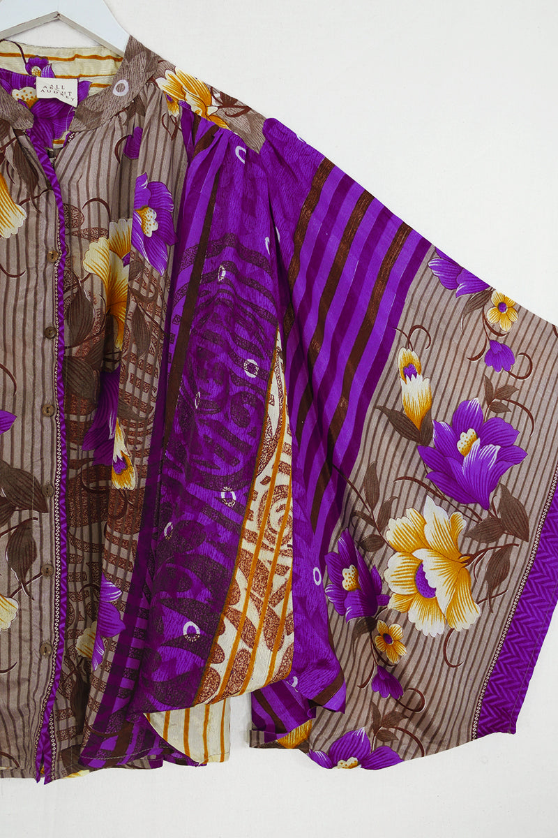 Ophelia Blouse - Secret Garden Blue & Oak Floral - Vintage Sari - Free Size by All About Audrey