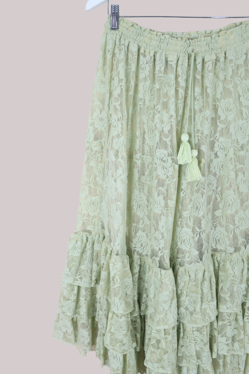 Wendy Maxi Skirt in Pistachio Green Chantilly Lace