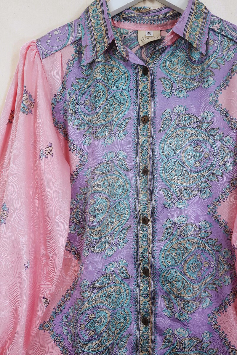 Bonnie Shirt Dress - Sherbert Outlaw Paisley - Vintage Indian Sari - Size M/L By All About Audrey