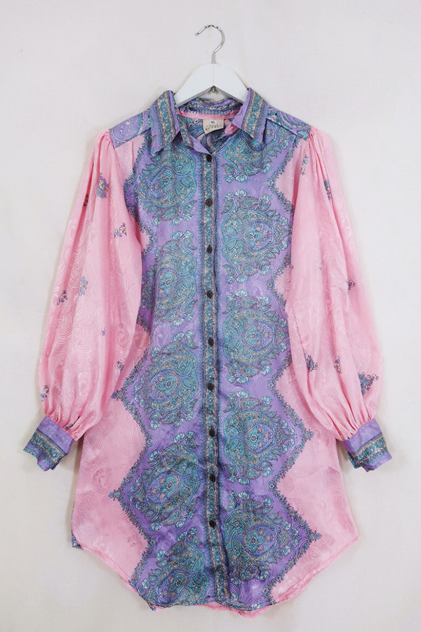 Bonnie Shirt Dress - Sherbert Outlaw Paisley - Vintage Indian Sari - Size M/L By All About Audrey